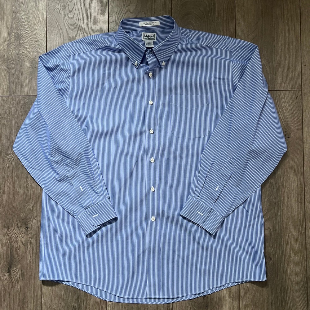 LL Bean Mens Wrinkle Resistant Shirt Blue White Pinstripe 17-34 Traditional Fit